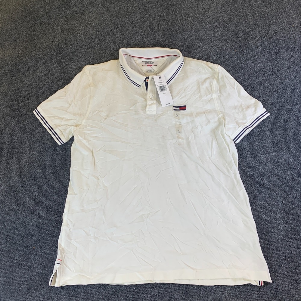 Tommy Hilfiger Denim Polo Shirt Mens Large White Custom Fit Cotton Side Slit
